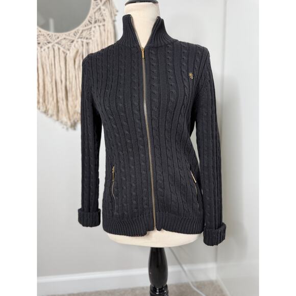 Lauren Ralph Lauren Black Cable knit Turtleneck Zip Cardigan Sweater M Holiday - Picture 1 of 7